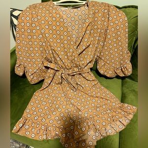 Fall colored Boutique Romper | size SM | Burnt Orange print | Ruffle Detail